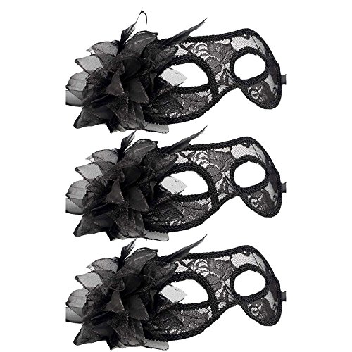 com-four® 3x venezianische Maske - Augenmaske im edlen Design - Gesichtsmaske aus feiner Spitze - Verschleierung für Mottoparty, Fasching, Maskenball (03 Stück - schwarz) von com-four
