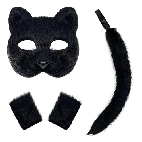 Katzenkostüm für Erwachsene, Katzenohren, Katzenohren und Tailde, Katzen-Kostüm-Set, Katzenschwanz, Handschuhe mit Schwanz und Pfote, Kostümzubehör für Halloween, Party von COMFOLIVING