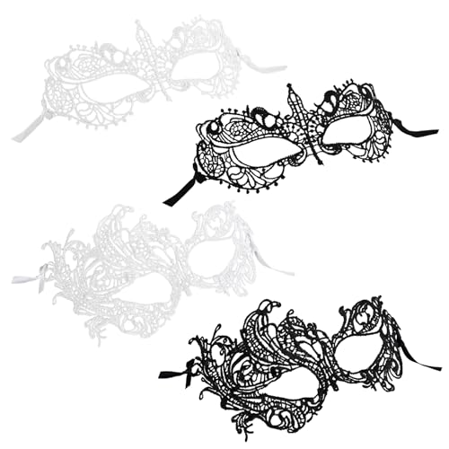 COMNICO 4 Stück Maskerade Maske Venezianische Maske Damen Nylonspitze Augenmaske Maskenball Kostüm für Halloween Karnevalspartys Karneval Dekorationen (Weiß + Schwarz) von COMNICO