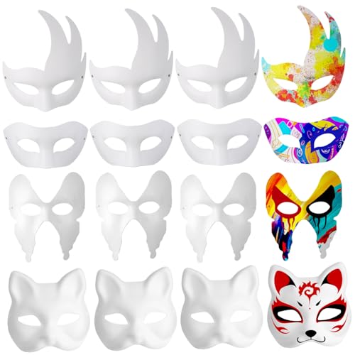 COMPUKAS 12 Katzenmasken Set Papier Katzenmaske Partymaske Deko Papiermaske Papiermasken Basteln Karneval Papiermaske Papiermasken Zum Dekorieren Kostümmaske Maskenballmaske Bemalbare von COMPUKAS