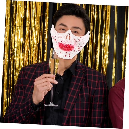 COMPUKAS Gruselige Halloween Halbgesichtsmaske aus Kunststoff Realistische Skelett Maske für Kostüm Cosplay Maskerade Party und Theater Wiederverwendbar Rot Weiß von COMPUKAS