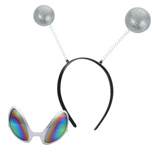CONGARTENO 2 Stück Festival Saucer Man Brille und Haarreif Teilig Silberner Rahmen mit Bunten Glitzersteinen Lustiger Party Haarschmuck für Karneval Fasching Kostüm und Festival Verkleidung von CONGARTENO