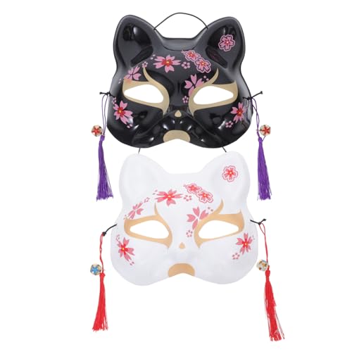CONGARTENO 2 Stück Handbemalte Weiße und Schwarze Katzenmaske Leichte Verstellbare Japanische Komfortable Tier Kostümkopfbedeckung für Damen und Herren von CONGARTENO