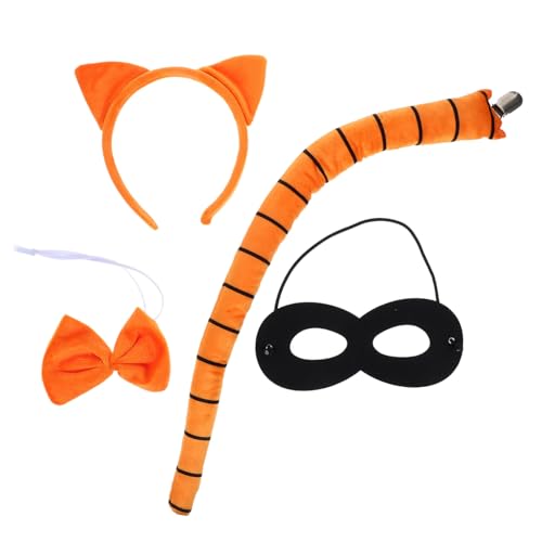 CONGARTENO 4 Stück Teiliges Katzenkostüm Set Damen mit Weichem Katzenohren Haarreif Fliege Katzenschwanz und Schwarzer Augenmaske Bequemes Cosplay Party Zubehör für Fasching Halloween von CONGARTENO