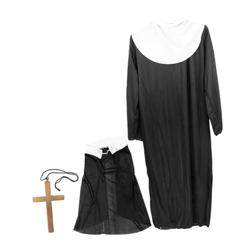 CONGARTENO Halloween Kostüm Damen Nonnen Outfit Teiliges mit Großem Goldenem Kreuz Bequemes Cosplay Kostüm für Halloween Party und Karneval von CONGARTENO