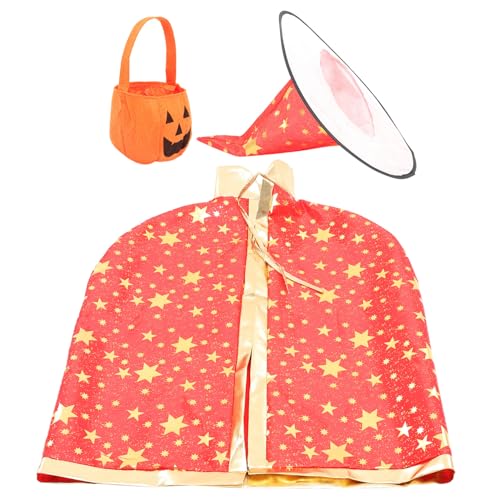CONGARTENO Halloween Kostüm Teilig Rot Sternenmuster Umhang und Kürbis Tasche mit Bequemes Cosplay Zubehör für Jungen und Mädchen Halloween von CONGARTENO