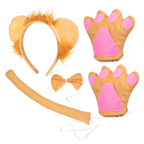 CONGARTENO Löwenkostüm Set aus Stirnband mit Flauschigen Handschuhen und Fliege Niedliches Tier Accessoire für Halloween Karneval Mottoparty und Kostümfeiern Langlebiges Stoffmaterial von CONGARTENO