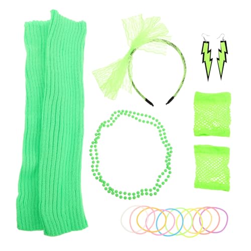 CONGARTENO Neon Party Outfit Damen Retro Kostüm mit Fluoreszierender Grüner Kette Spitzen Haarband Ohrringen und Beinwärmern für Fasching und Themenpartys von CONGARTENO