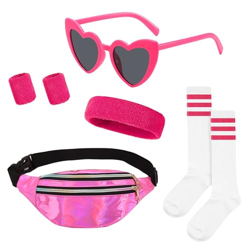 CONNECTION 80er Jahre Outfit Damen Set 7 Stück 80er 90er Jahre Accessoires 80er Jahre Kleidung Damen mit Brille Socke Neon Stirnband Armbänd Gürteltasche für Neon Retro Thema Party Karneval(Rosenrot) von CONNECTION