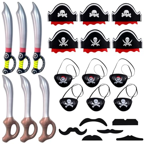 CONNECTION Piratenparty Kindergeburtstag 24 Pieces Kindergeburtstag Piraten Hut Kinder Piraten Augenklappe Schnurrbärt Inflatable Pirate Sword für Halloween Rollenspiel Party Gifts for Boys Girls von CONNECTION