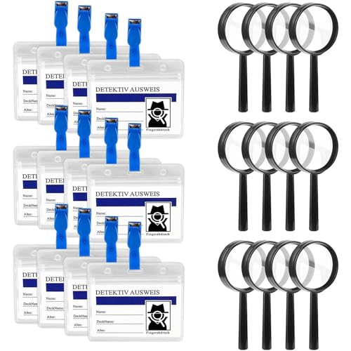 Detektive Lupe Set for Kinder 12 pcs Detective Lupen Spielzeug und 12 pcs Detektivausweis Ausweise mit Clip Lupen und DetektivAbzeichen für Outdoor Forscher Detektiv Rollenspiel Kindergeburtstag von CONNECTION