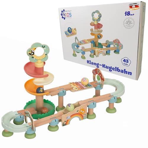 Murmelbahn aus Holz für Kider - Kugelbahn - Montesori Spielzeug - Klang Xylophon & Klingel - Motorikspielzeug Kider - Pastelfarben von CONSNTRUCT 4KIDS BAU DIR DEINE WELT