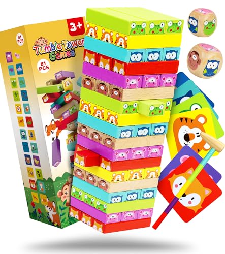 Pourbibi Spielzeug ab 3 4 5 Jahre Junge Mädchen | Wackelturm Holzspielzeug | Gesellschaftsspiel für Kinder und Familien | Stapelturm Domino Brettspiel Lernspielzeug Geschenk für Kinder von Pourbibi