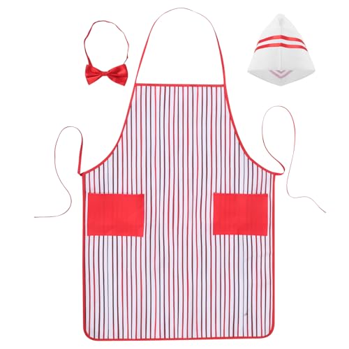 COOLHIYA 1 Set Koch-Rollenspielkostüm: Verkleidung mit rot-weiß gestreifter Schürze, Fliege und Hut – Verkleidungskostüm für Feiertagspartys und Kochveranstaltungen von COOLHIYA