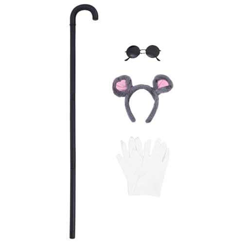 COOLHIYA Kostümzubehör-Set mit Mausmotiv für erwachsene Frauen, Mausohren, Stirnband, Blindenstock, weiße Handschuhe, Sonnenbrille für Halloween, Cosplay (grau) von COOLHIYA