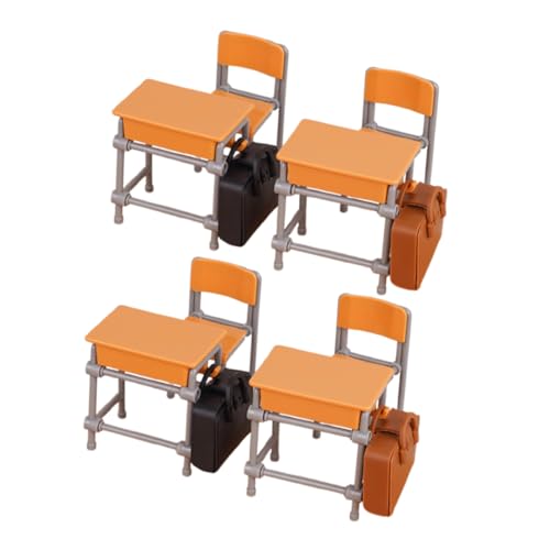 COOLHIYA Miniatur Klassenzimmer Möbel mit Gelben Tischen Stühlen und Schulranzen Realistische Puppenhaus Schulmöbel Tragbar und Detailreich für Dekoration Lernspiel und Fotorequisiten von COOLHIYA