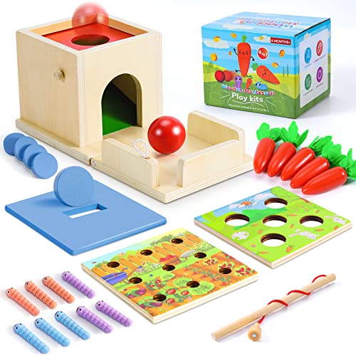 COOLJOY Montessori Spielzeug ab 2 Jahre Holzspielzeug 4 in 1 Montessori-Münzbox, Ball Drop, Wurmspielzeug Fangen, Karottenernte Lernspielzeug Geschenk für Kinder ab 2 3 4 Jahre von COOLJOY