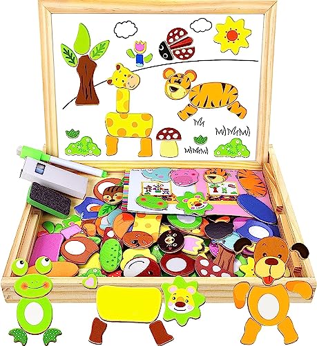 COOLJOY Puzzles aus Holz, magnetisch, 100 Teile, Tiermotiv, Jigsaw mit Kreidetafel, Staffelei, doppelseitig, Lernspielzeug für Kleinkinder Kinder Mädchen ab 3 Jahren von COOLJOY