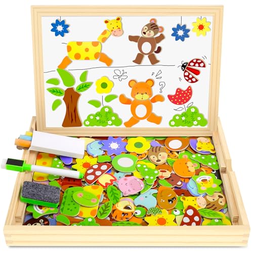 COOLJOY Puzzles aus Holz, magnetisch, 100 Teile, Tiermotiv, Jigsaw mit Kreidetafel, Staffelei, doppelseitig, Lernspielzeug für Kleinkinder Kinder Mädchen ab 3 Jahren von COOLJOY