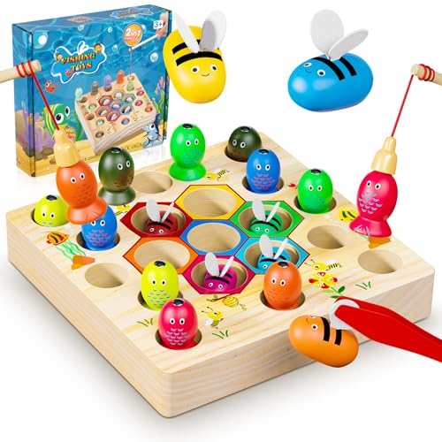 COOLJOYA Magnetische Angelspiel ab 2 Jahre | Montessori Spielzeug 2 in 1 Baby Holzspielzeug | Motorikspielzeug Fische Angeln Spiel 1 Set 2 3 4 Jahre Mädchen Junge Geschenke für Kinder(Patentschutz) von COOLJOYA