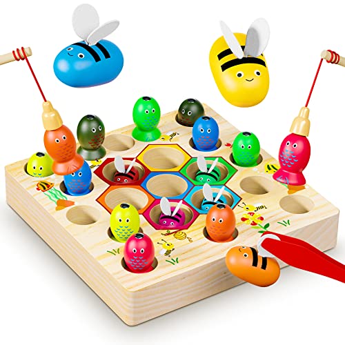 COOLJOYA Magnetische Angelspiel ab 2 Jahre | Montessori Spielzeug 2 in 1 Baby Holzspielzeug | Motorikspielzeug Fische Angeln Spiel 1 Set 2 3 4 Jahre Mädchen Junge Geschenke für Kinder(Patentschutz) von COOLJOYA