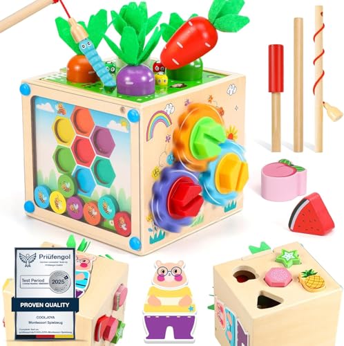 Montessori Spielzeug ab 2 Jahre Motorikwürfe Aktivitätswürfel 6 IN 1 Motorikspielzeug ab 1 Jahr Holzspielzeug Geschenk für Jungen und Mädchen von COOLJOYA