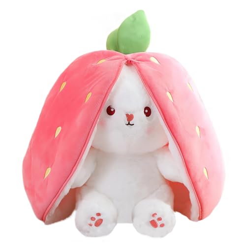 COQOYO Kuscheltier Hase in Erdbeere, Osterhase Plüschtier, Flip Plüsch Stofftier mit Reißverschluss, Kleine Süße Kawaii Kaninchen Plushie Puppe Spielzeug, Geburtstag Geschenke für Kinder, Rosa Weiß von COQOYO