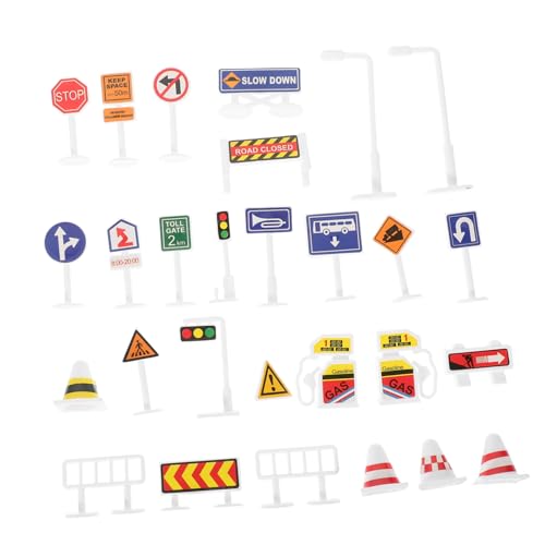 CORHAD 28 Stück Teiliges Spielset aus Robustem Kunststoff Realistische Straßenschilder für Verkehrssicherheit Pädagogisches Rollenspiel für Sandkastenspiele und Lernaktivitäten von CORHAD