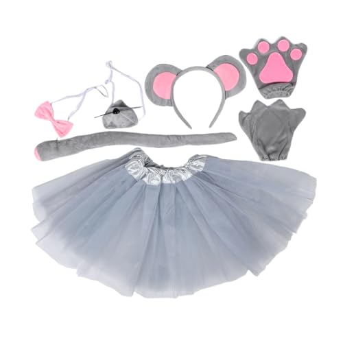 CORHAD 7 Stück Teiliges Mauskostüm mit Grauem Tüllrock Weichen Mausohren Schleife Nase Handschuhen und Atmungsaktives Bequemes Verkleidungsset für Halloween Theater Motto Partys von CORHAD