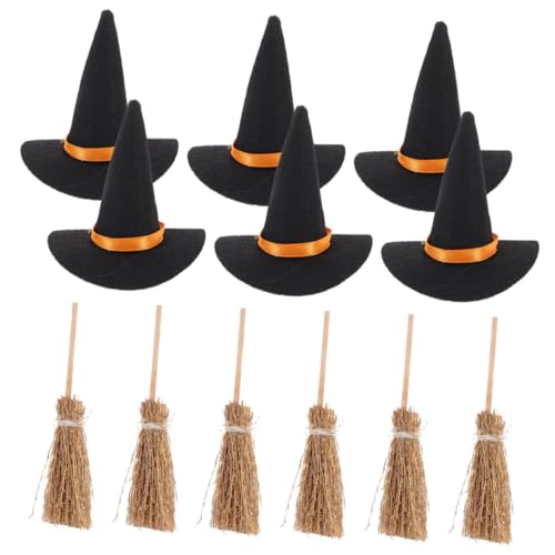CORHAD Mini Hexenhut und Besenset Halloween Dekoration Teilig Filzbezogene Zauberer Hüte und Holzbesen Vielseitig Einsetzbar für Tischdeko DIY Bastelprojekte und Festliche Halloween von CORHAD