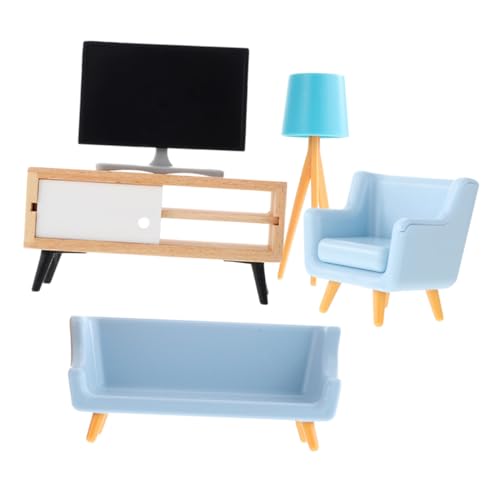 CORHAD Miniatur Puppenhaus Möbel mit Schwarzem Mini Fernseher Weißem Tv Schrank Blauem Tischlampen Hellblauem Langem und Kurzem Sofa Stabile und Dekorative Puppenmöbel für Wohnzimmer von CORHAD