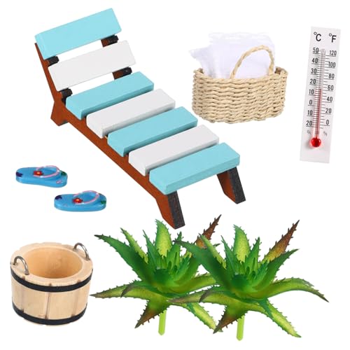 CORHAD Miniatur Strand Deko aus Holz mit Liegestuhl Körben und Slippern Puppenhaus Möbel Accessoires Sichere Kleine Sommer Dekoration für DIY Zen Garten und Regal von CORHAD