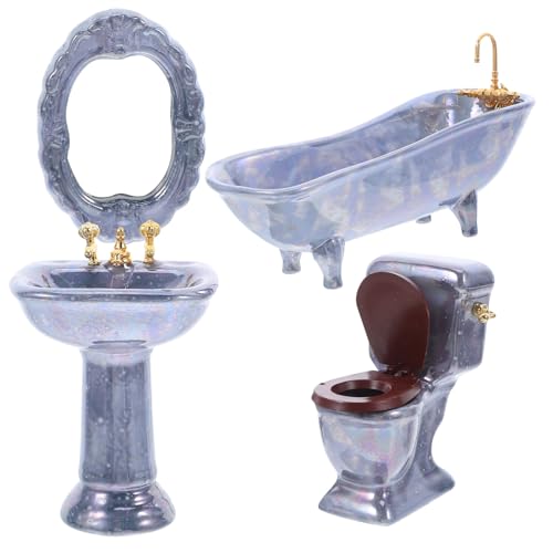 CORHAD Teiliges Miniatur-Porzellan-Badezimmer-Set mit Badewanne Toilette Waschbecken und Spiegel Realistische Miniatur-badezimmermöbel für Puppenhaus-Dekoration in Blau von CORHAD