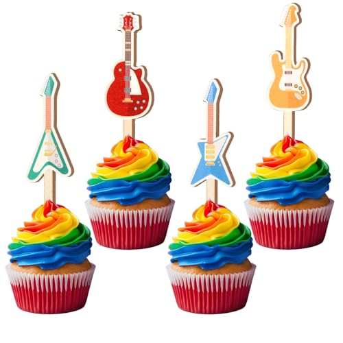 CORNER LACE Cupcake-Topper aus Holz mit Gitarrenmotiv, Rock-and-Roll-Cupcake-Picks, Bass, Rock-Musik-Kuchendekorationen, Rockstar-Geburtstag, Babyparty, Party, Holzdekor, Zubehör, 16 Stück CORNER LACE Cupcake-Topper aus Holz mit Gitarrenmotiv, Rock-and-Roll-Cupcake-Picks, Bass, Rock-Musik-Kuchendekorationen, Rockstar-Geburtstag, Babyparty, Party, Holzdekor, Zubehör, 16 Stück von CORNER LACE