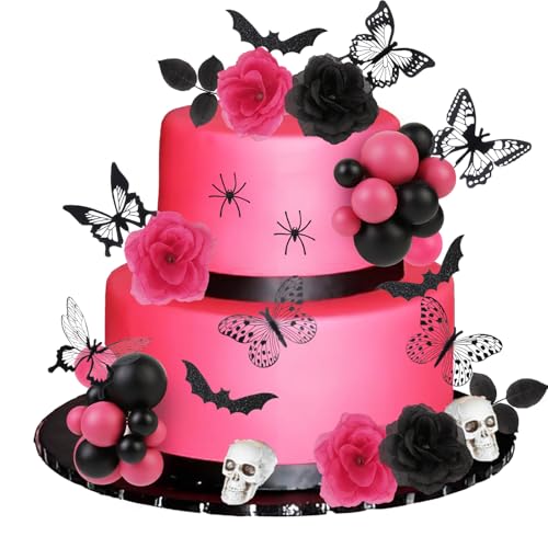 CORNER LACE Halloween-Kuchendekorationsset, 51-teilig, rosafarbene und schwarze Gothic-Kuchenaufsätze, Figuren-Set mit Totenkopf, Fledermaus, Spinne, Schmetterling, Rosen, gruselige Dekoration für von CORNER LACE