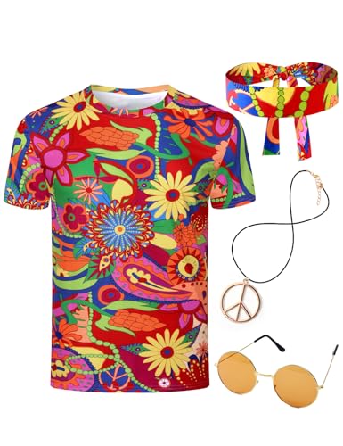 COSAVOROCK Herren 60er 70er Jahre Hippie Kostüm Hippy T-Shirt Stirnband Peace Halskette Brille, Floral, XXL COSAVOROCK Herren 60er 70er Jahre Hippie Kostüm Hippy T-Shirt Stirnband Peace Halskette Brille, Floral, XXL von COSAVOROCK