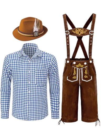 COSAVOROCK Oktoberfest Outfit Herren Deutsch Bayerische Kostüm Hut Hemd und Lederhose, Blau, XXL von COSAVOROCK