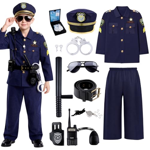 COSBERY Polizei Kostüm Kinder Jungen Mädchen, Karneval Halloween Kostüm Kinder Polizei Accessoires Einschließen Mütze Gürtel Walkie-Talkie Pfeife Holster Handschellen Schlagstock Dienstmarke Brille von COSBERY