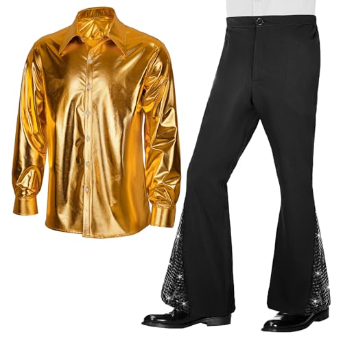COSDREAMER 70er Jahre Disco Kostüm Herren 60er Jahre Hippie Party Outfit - Vintage Hemd - Glöckchen und Paillettenhose - Gold, S von COSDREAMER