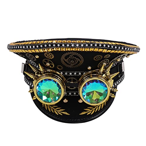 COSDREAMER Damen Burning Man Pailletten Hut Festival Military Captain Hüte mit Brille (Schwarz Gold) von COSDREAMER