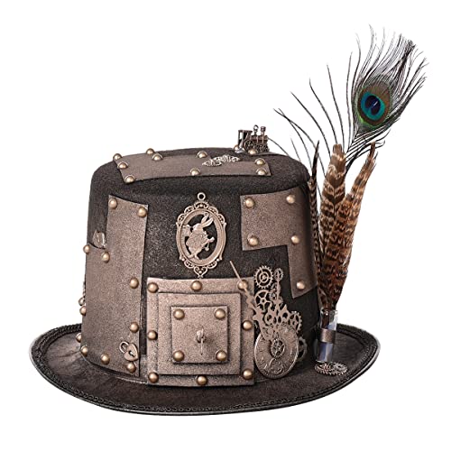 COSDREAMER Damen Herren Glasflasche Kuppel Steampunk Kostüm Gothic Zylinder Halloween Totenkopf Hut (Braune Feder) von COSDREAMER