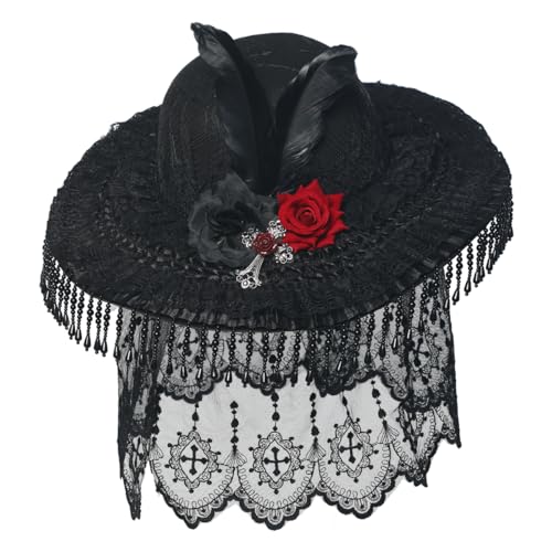 COSDREAMER Damenhut, Gothic-Stil, Steampunk-Stil, unregelmäßiger Schleier, Partyhut, Schwarz / Weiß, Schwarze Spitze, One Size (Head Circumference 57cm/22.12'') von COSDREAMER
