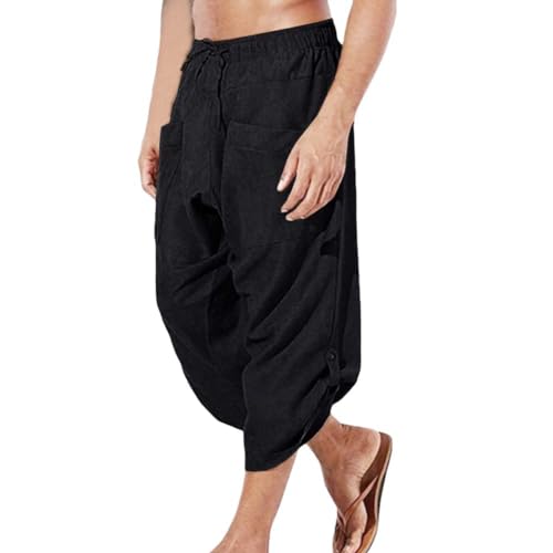 COSDREAMER Herren Mittelalter Hose Wikinger Pirat Kostüm Hose (Large, Schwarz 3/4) von COSDREAMER