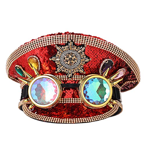 COSDREAMER Herren Steampunk Top Hats Pailletten Brille Militär Cap Punk Halloween Klassische Armee Militär Cap (Rot) von COSDREAMER