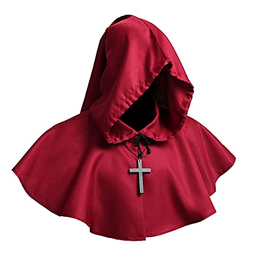 COSDREAMER Mittelalterliche Kapuzen Cowl Kreuz Halskette Halloween-Mantel für Dämonen Hexen Zauberer Cosplay, weinrot, One Size von COSDREAMER