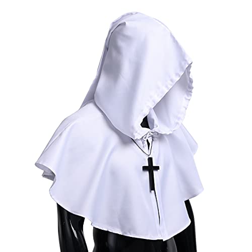 COSDREAMER Mittelalterliche Kapuzen Cowl Kreuz Halskette Halloween-Mantel für Dämonen Hexen Zauberer Cosplay weiß, One Size von COSDREAMER