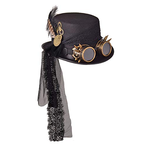 COSDREAMER Unisex Steampunk Zylinderhut Halloween Kostüm Hut mit Brille schwarz (Schwarz 1, 58cm) von COSDREAMER