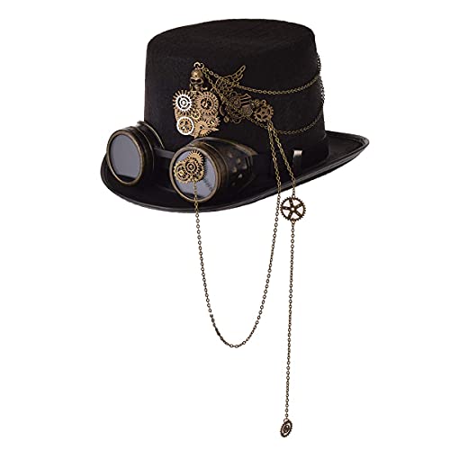 COSDREAMER Unisex Steampunk Zylinderhut Halloween Kostüm Hut mit Brille schwarz (Schwarz 2, 58cm) von COSDREAMER