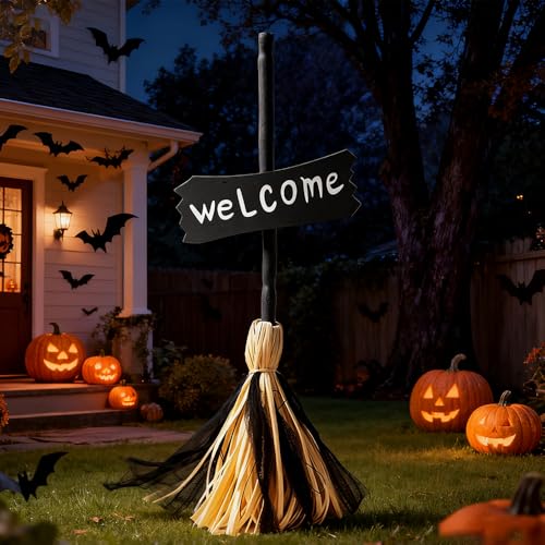 2025 Neu Halloween Deko Animiert Hexenbesen, 110CM Schwimmende Hexenbesen Berührung Aktiviert, Halloween Animatronic Hexen Besen Beweglicher Zauberbesen für Helloween Party DEK (B) von COSEN