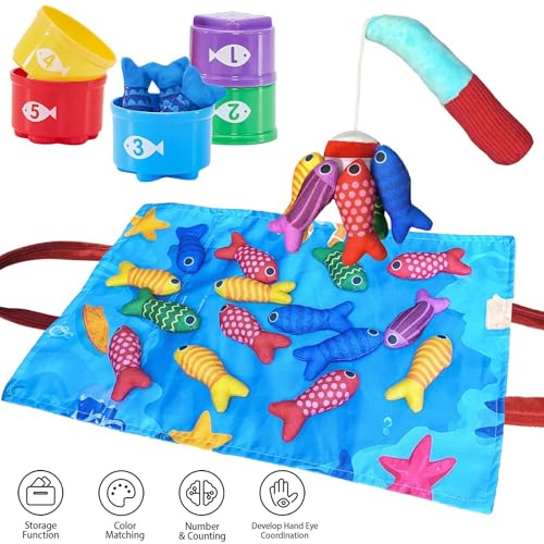 COSEN Montessori Spielzeug, 3-in-1 Fische Angeln Spiel, Baby Spielzeug ab 1 Jahr mit 5 Arten von Meereslebewesen Angelrute mit Klettverschluss Lernspiele Motorikspielzeug für Kinder ab 1 2 Jahr von COSEN